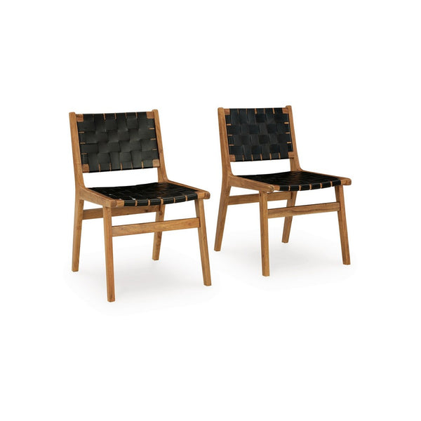 Dinno Dining Side Chair Set of 2, Brown Wood, Black Woven Leather Seat -BM330018
