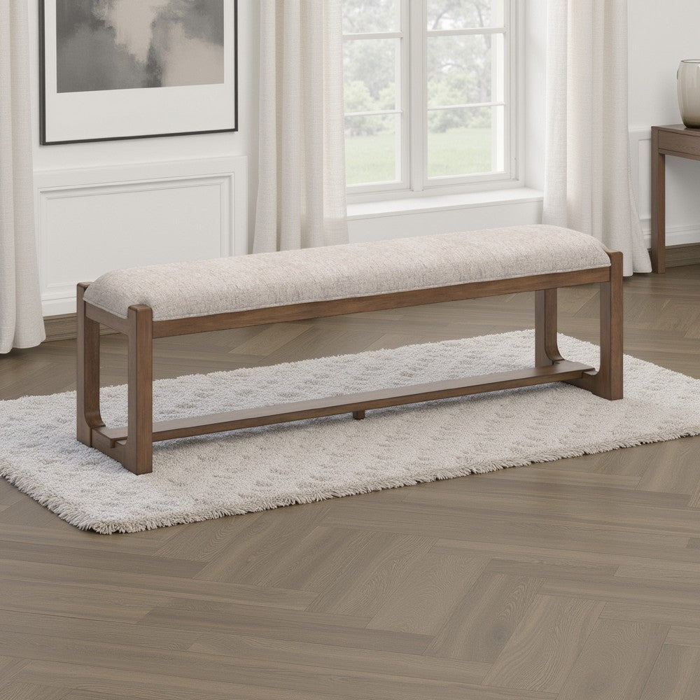 Cabal Large Dining Bench, Padded Beige Polyester, Brown Wood, 64 Inch -BM330022