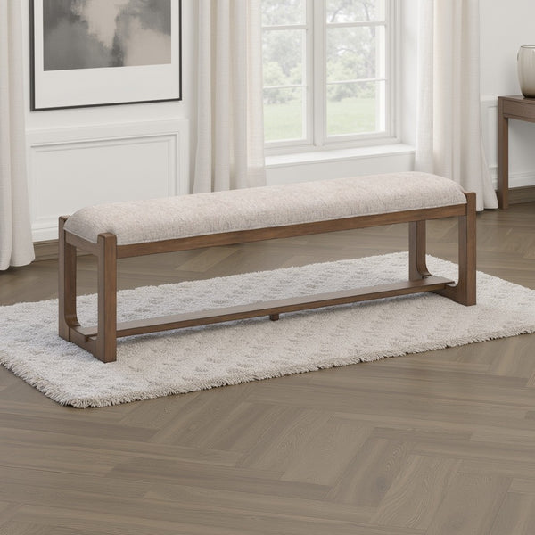 Cabal Large Dining Bench, Padded Beige Polyester, Brown Wood, 64 Inch -BM330022