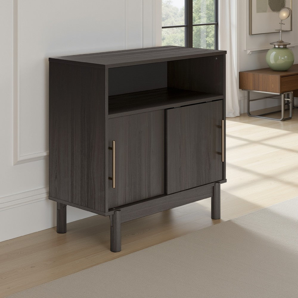 Cabie Accent Table, Sliding Doors and Open Top Shelf, Gray Wood, Gold -BM330027