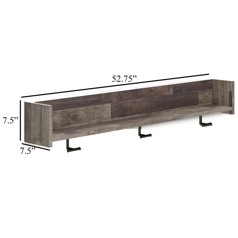 Elis Wall Mounted Coat Rack with 3 Hooks and Shelf, Butcher Block Gray -BM330030