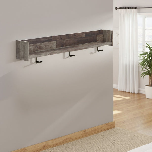 Elis Wall Mounted Coat Rack with 3 Hooks and Shelf, Butcher Block Gray -BM330030