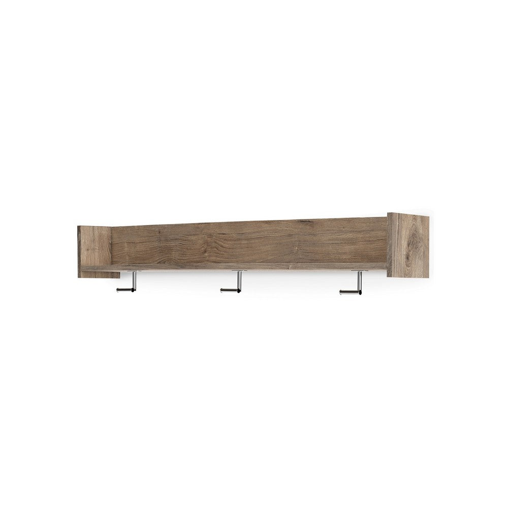 Olia Wall Mounted Coat Rack, 3 Hooks and Shelf, Light Dry Brown Wood -BM330031
