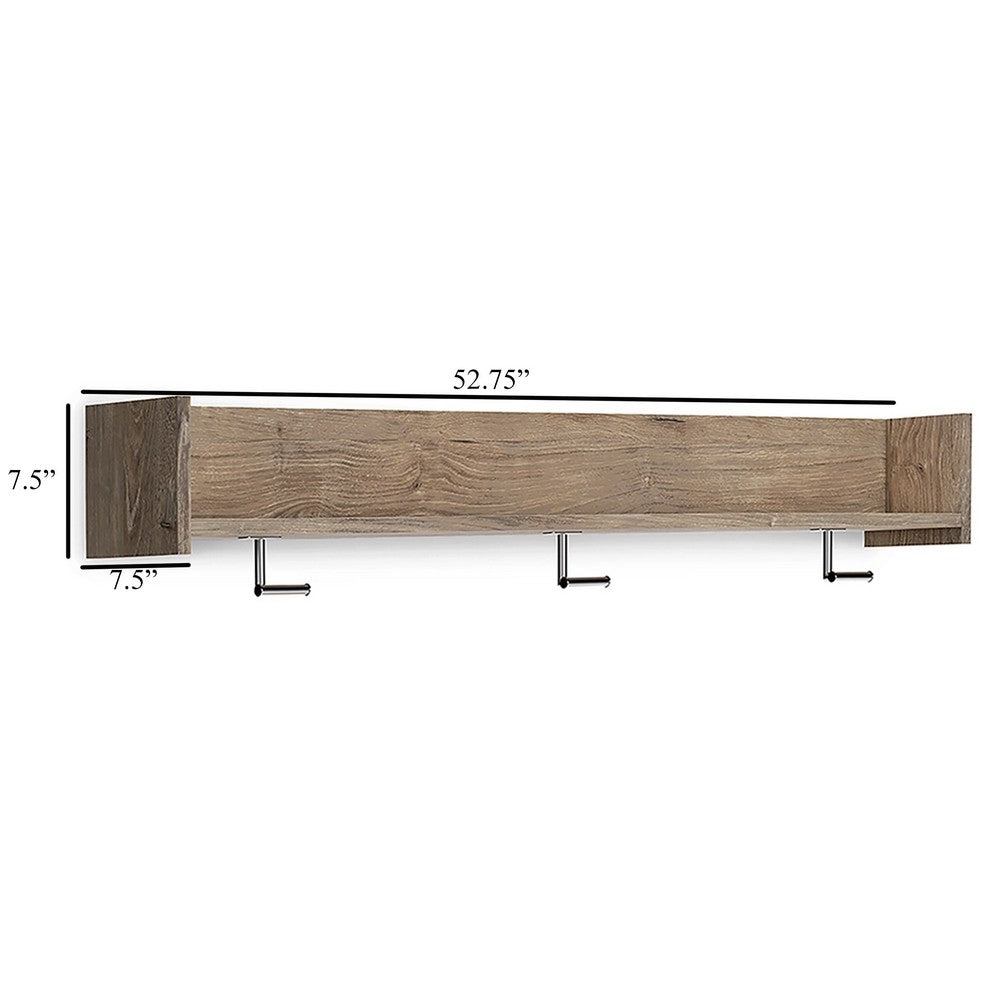 Olia Wall Mounted Coat Rack, 3 Hooks and Shelf, Light Dry Brown Wood -BM330031