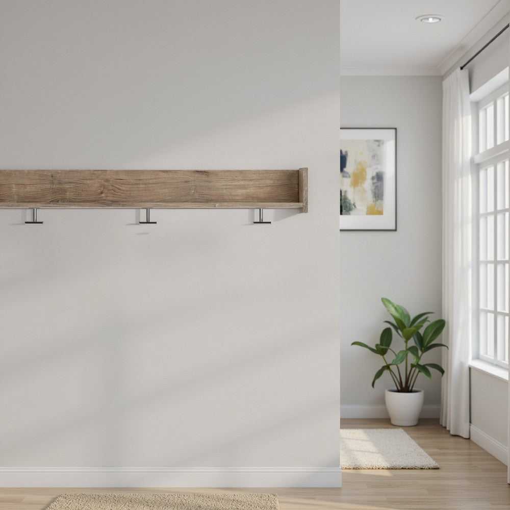 Olia Wall Mounted Coat Rack, 3 Hooks and Shelf, Light Dry Brown Wood -BM330031