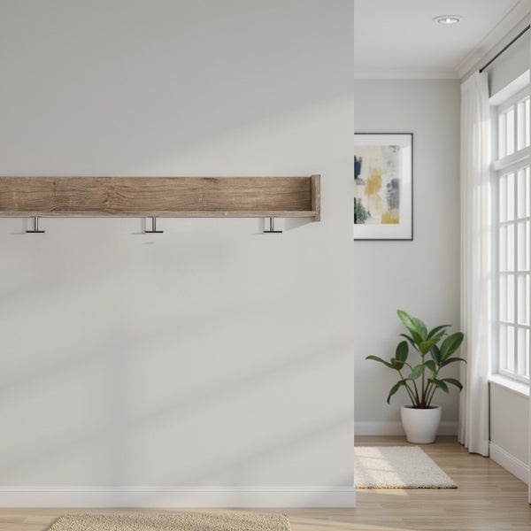 Olia Wall Mounted Coat Rack, 3 Hooks and Shelf, Light Dry Brown Wood -BM330031