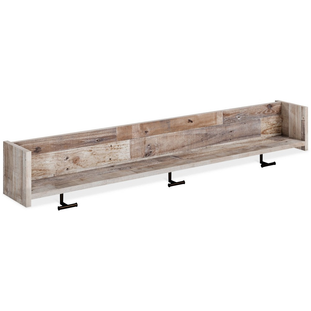 Elis Wall Mounted Coat Rack, 3 Hooks and Shelf, Butcher Block White -BM330032