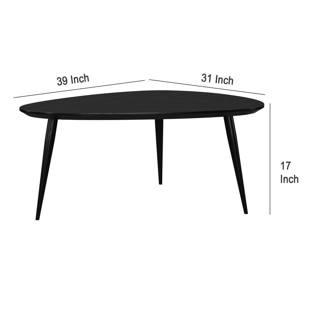 Deso Coffee Table, 39 Inch Triangular Black Mango Wood, Metal Legs -BM330064