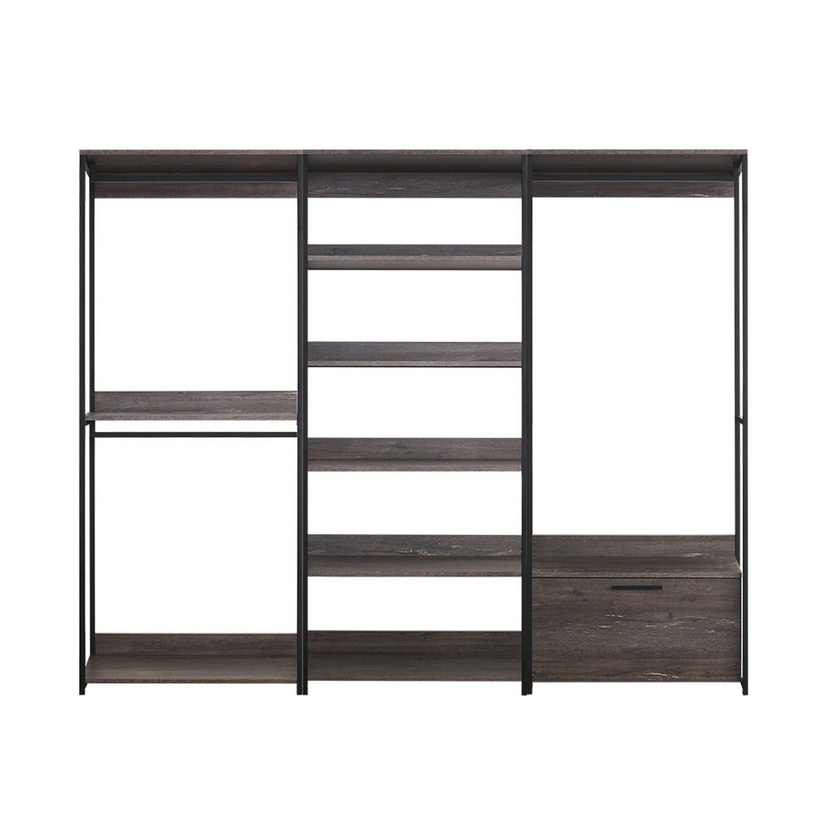 Gin Modular Closet System, 3 Hanging Rods, 8 Shelves, Black Metal-BM330092
