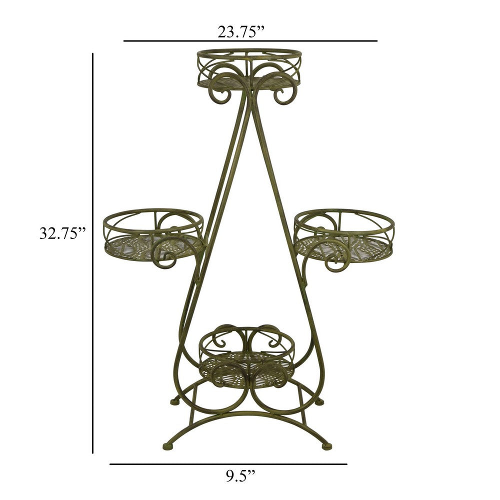Shin Plant Stand with 4 Pots and Vintage A Frame, Green Metal 33 Inch -BM330107