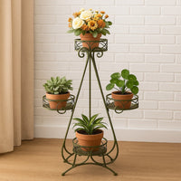 Shin Plant Stand with 4 Pots and Vintage A Frame, Green Metal 33 Inch -BM330107