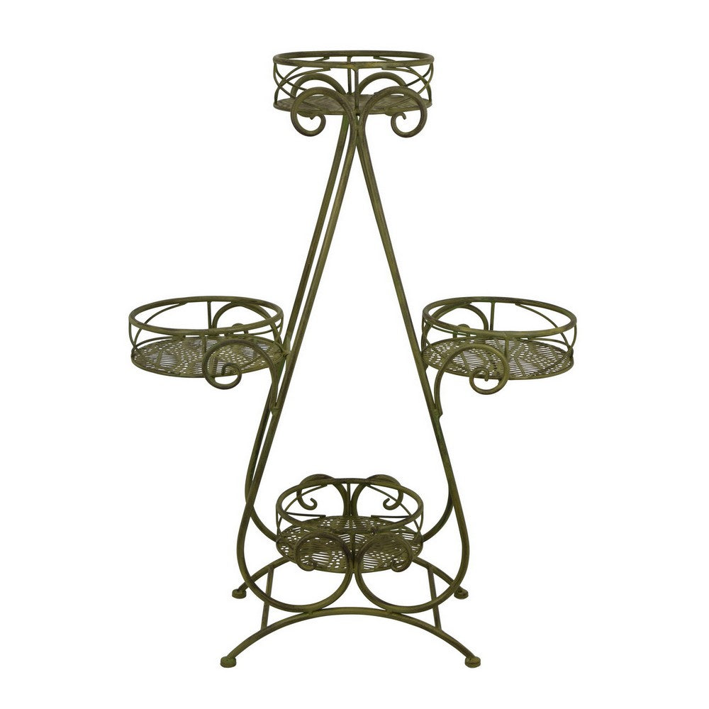 Shin Plant Stand with 4 Pots and Vintage A Frame, Green Metal 33 Inch -BM330107