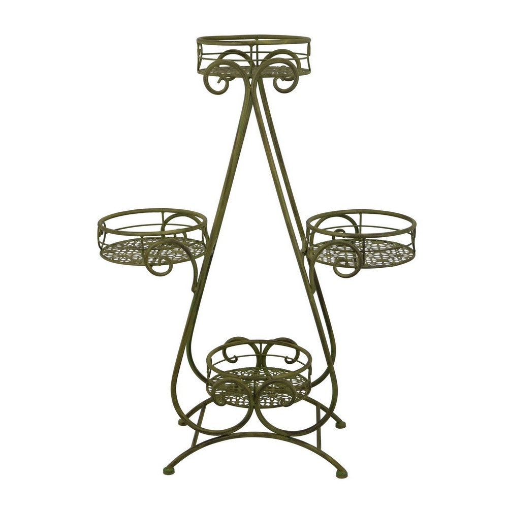 Shin Plant Stand with 4 Pots, Vintage A Frame Dark Green Metal 33 Inch -BM330108
