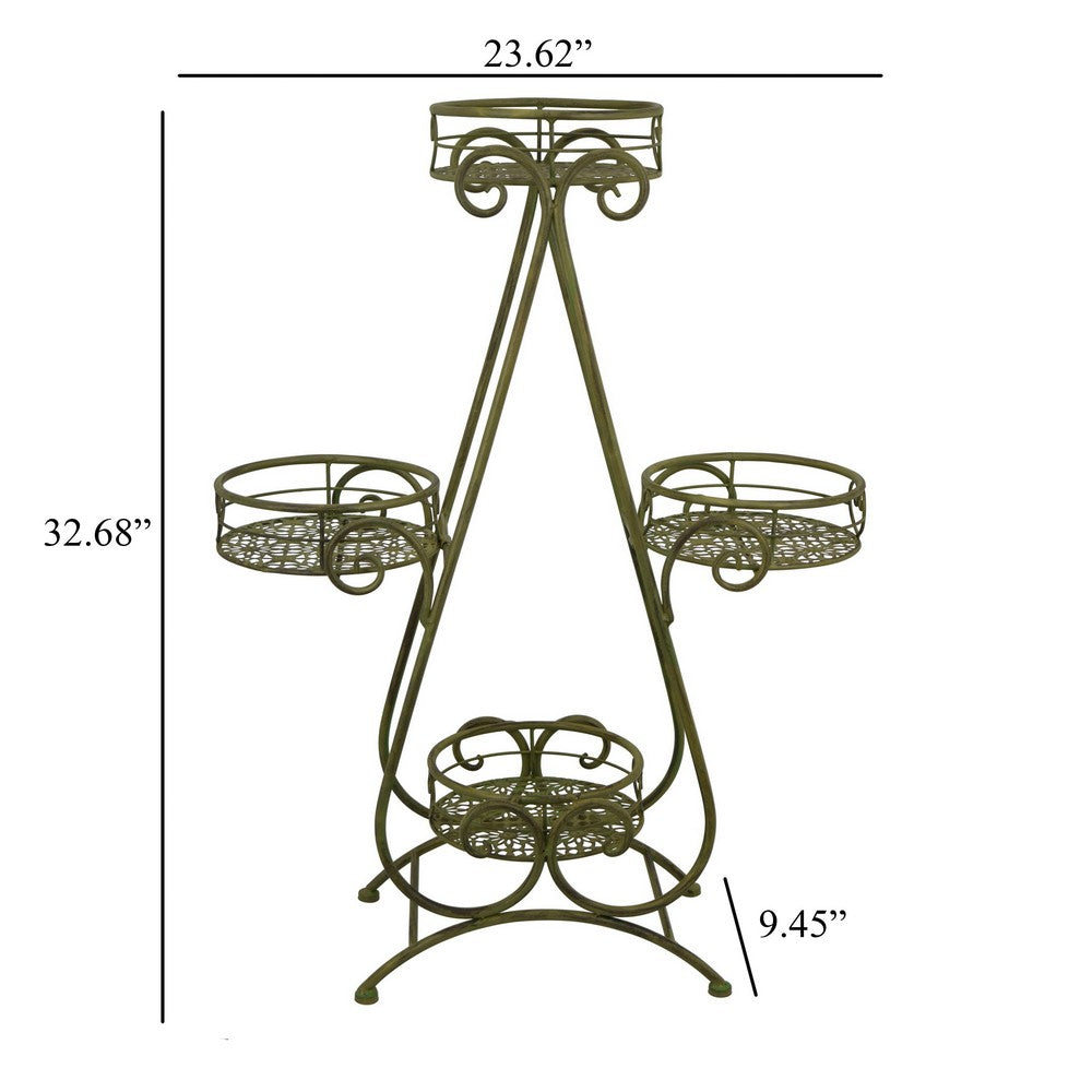 Shin Plant Stand with 4 Pots, Vintage A Frame Dark Green Metal 33 Inch -BM330108