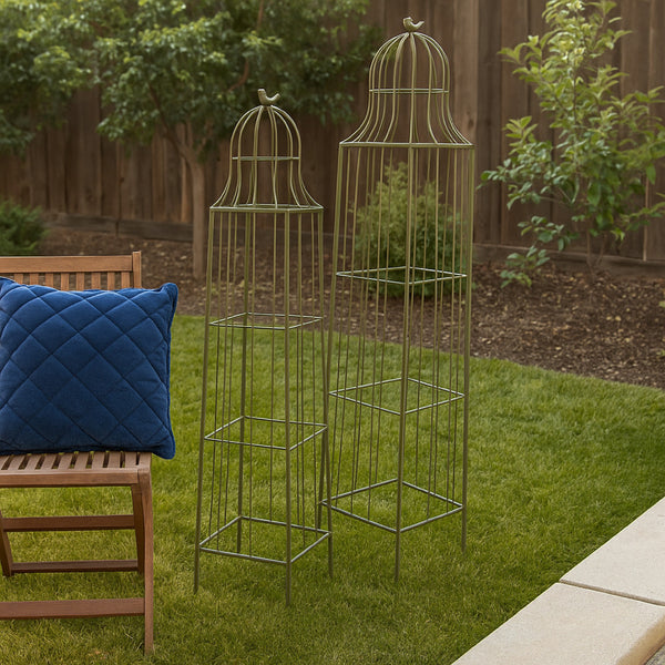 Meryl Plant Trellis Set of 2, Garden Tall Cage Design, Green Metal -BM330111