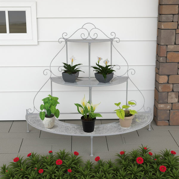 Lara Plant Stand with 3 Tier Half Round Shelves, White Metal 40 Inch -BM330119