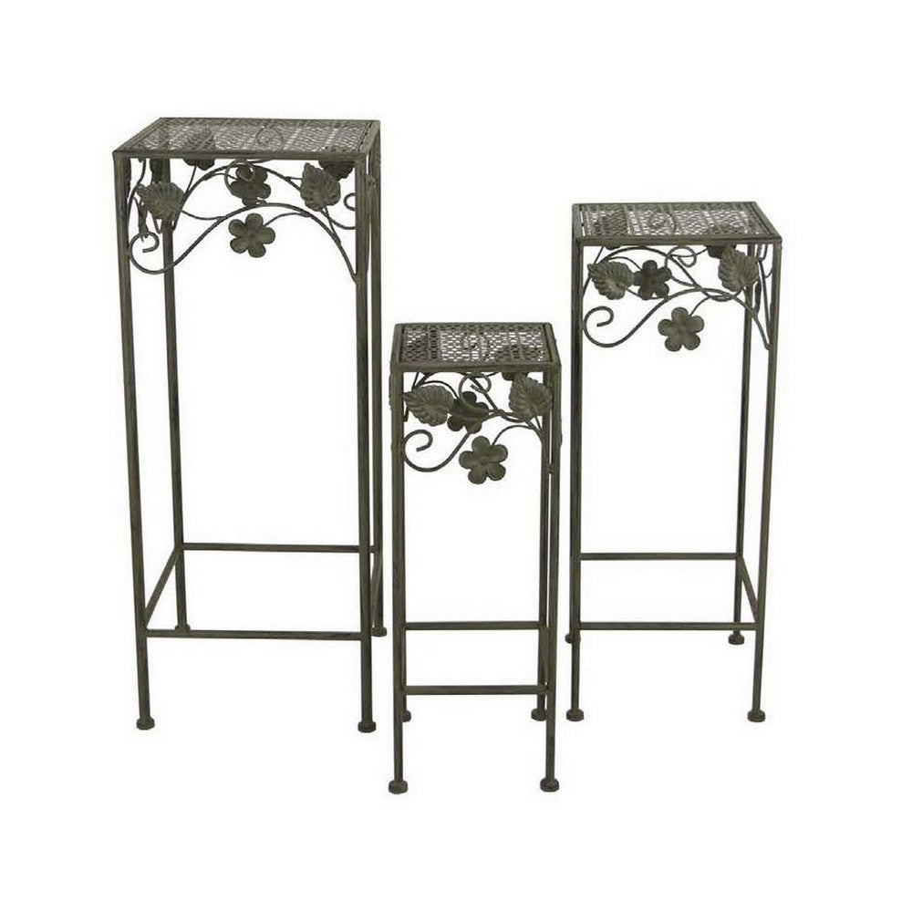 Kitty Plant Stand Table Set of 3, Nesting, Floral Design, Green Metal -BM330123
