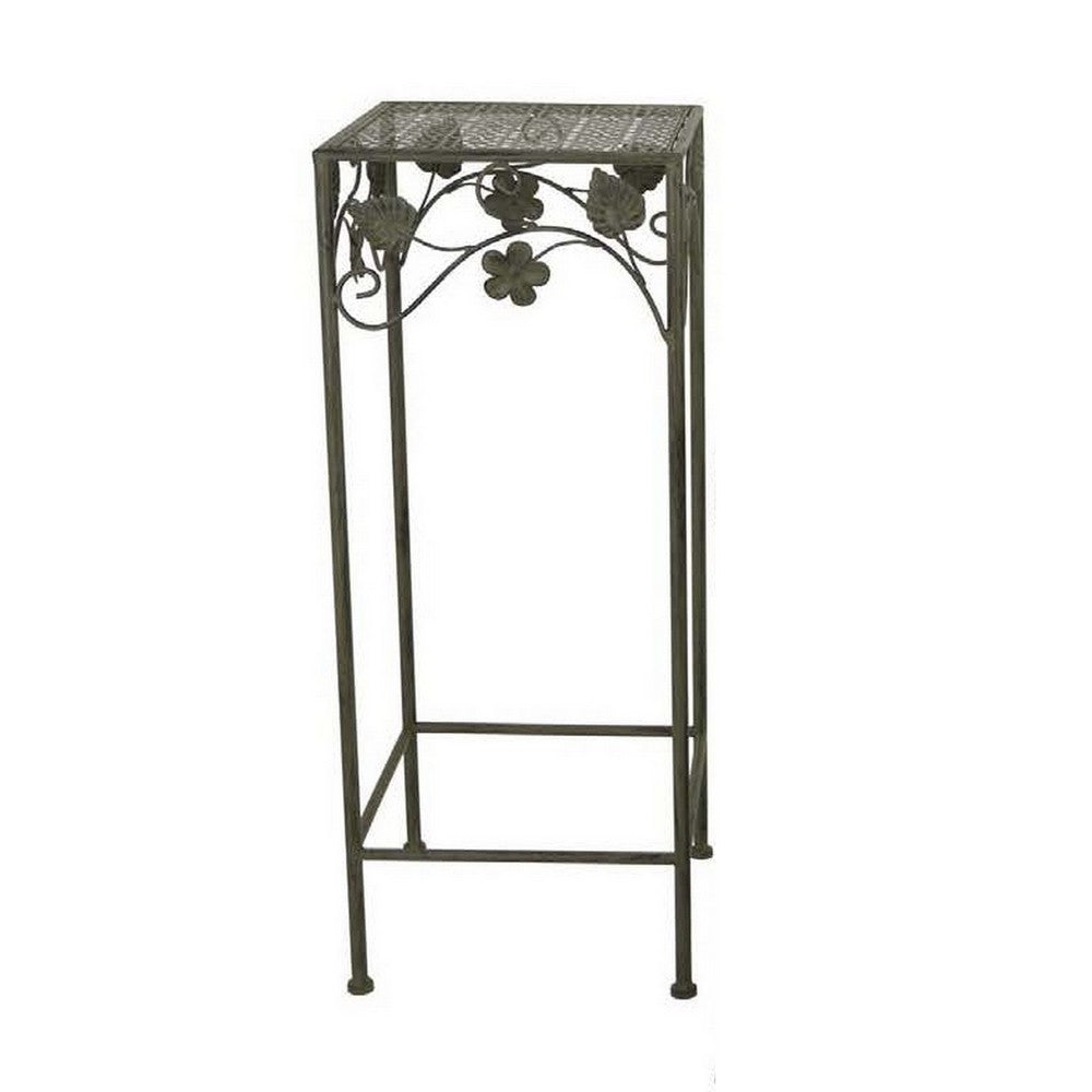 Kitty Plant Stand Table Set of 3, Nesting, Floral Design, Green Metal -BM330123