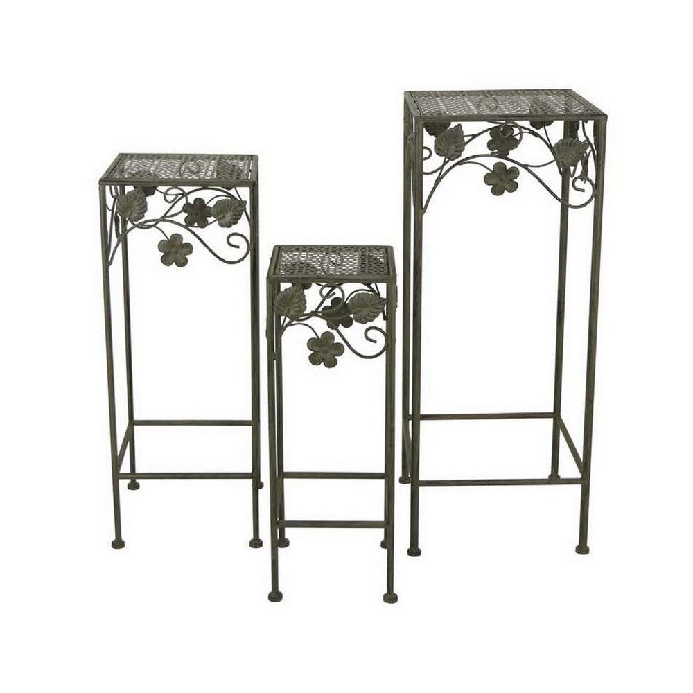 Kitty Plant Stand Table Set of 3, Nesting, Floral Design, Green Metal -BM330123