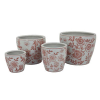 Kerry Accent Planter Pot Set of 4, Pink Floral Pattern, White Ceramic -BM330124