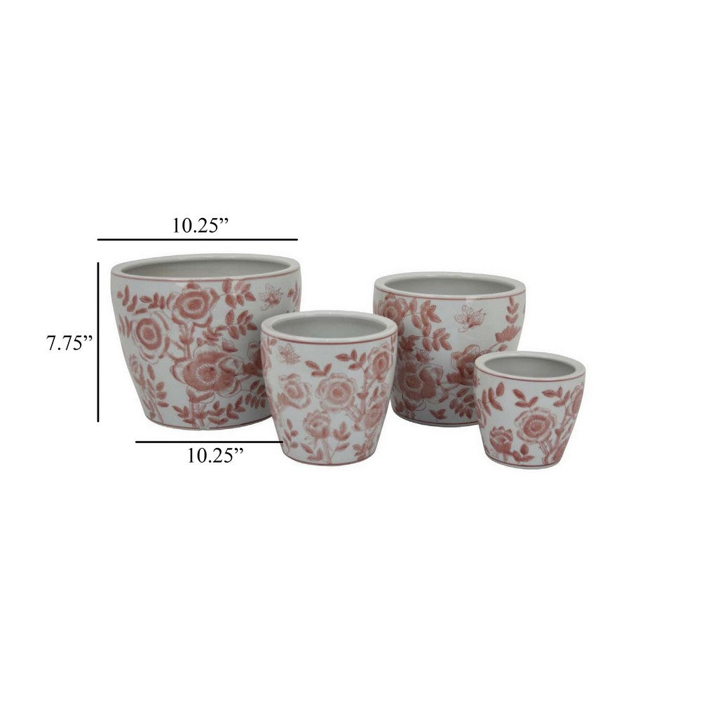 Kerry Accent Planter Pot Set of 4, Pink Floral Pattern, White Ceramic -BM330124