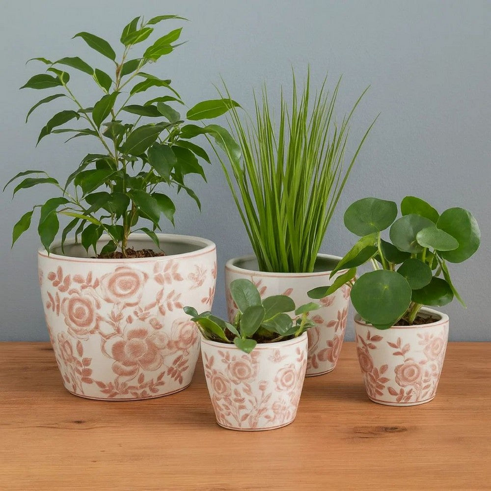 Kerry Accent Planter Pot Set of 4, Pink Floral Pattern, White Ceramic -BM330124
