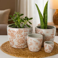 Kerry Accent Planter Pot Set of 4, Pink Floral Pattern, White Ceramic -BM330124