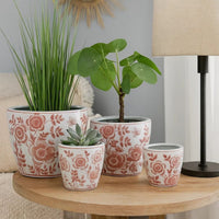 Kerry Accent Planter Pot Set of 4, Pink Floral Pattern, White Ceramic -BM330124