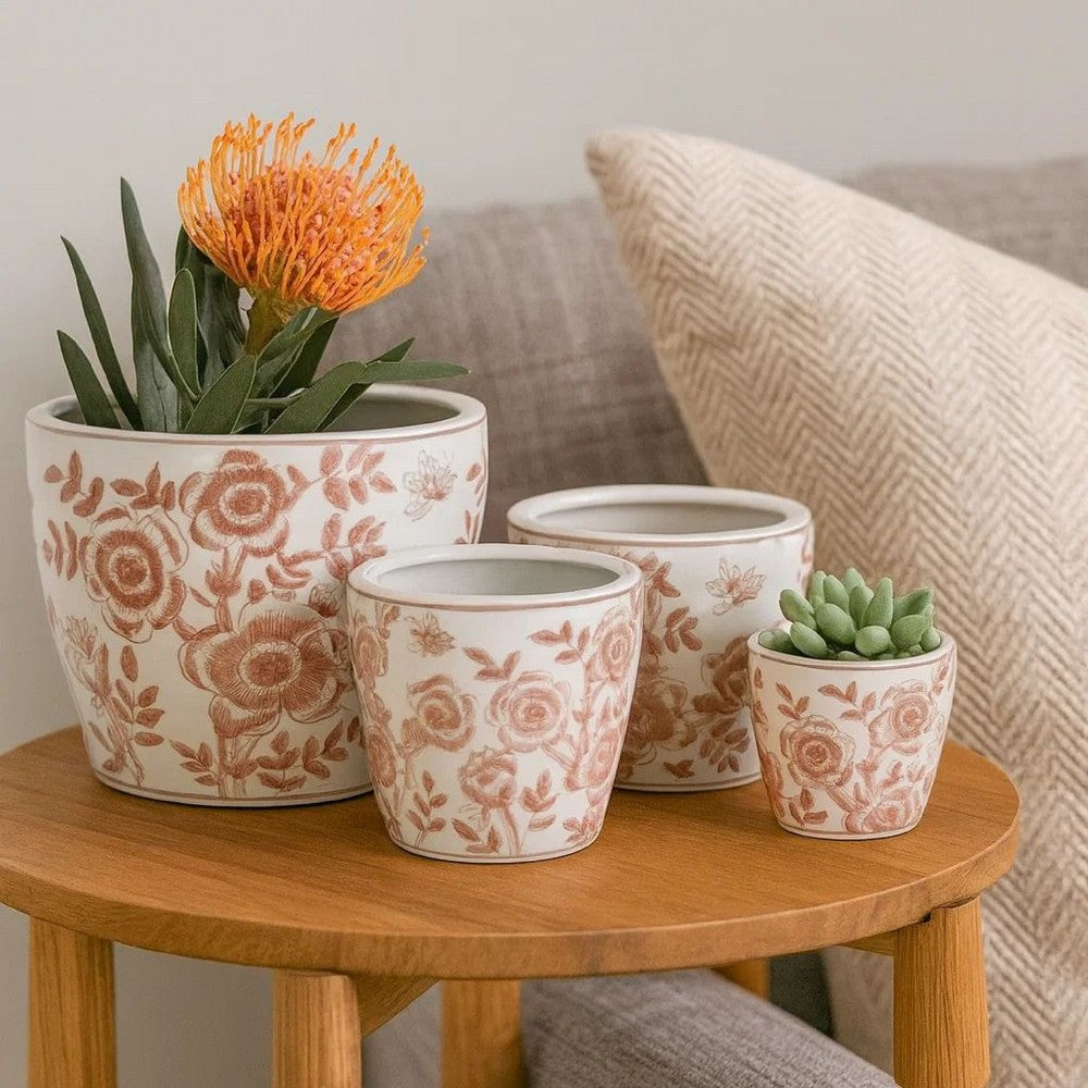 Kerry Accent Planter Pot Set of 4, Pink Floral Pattern, White Ceramic -BM330124