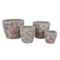 Kerry Accent Planter Pot Set of 4, Pink Floral Pattern, White Ceramic -BM330124