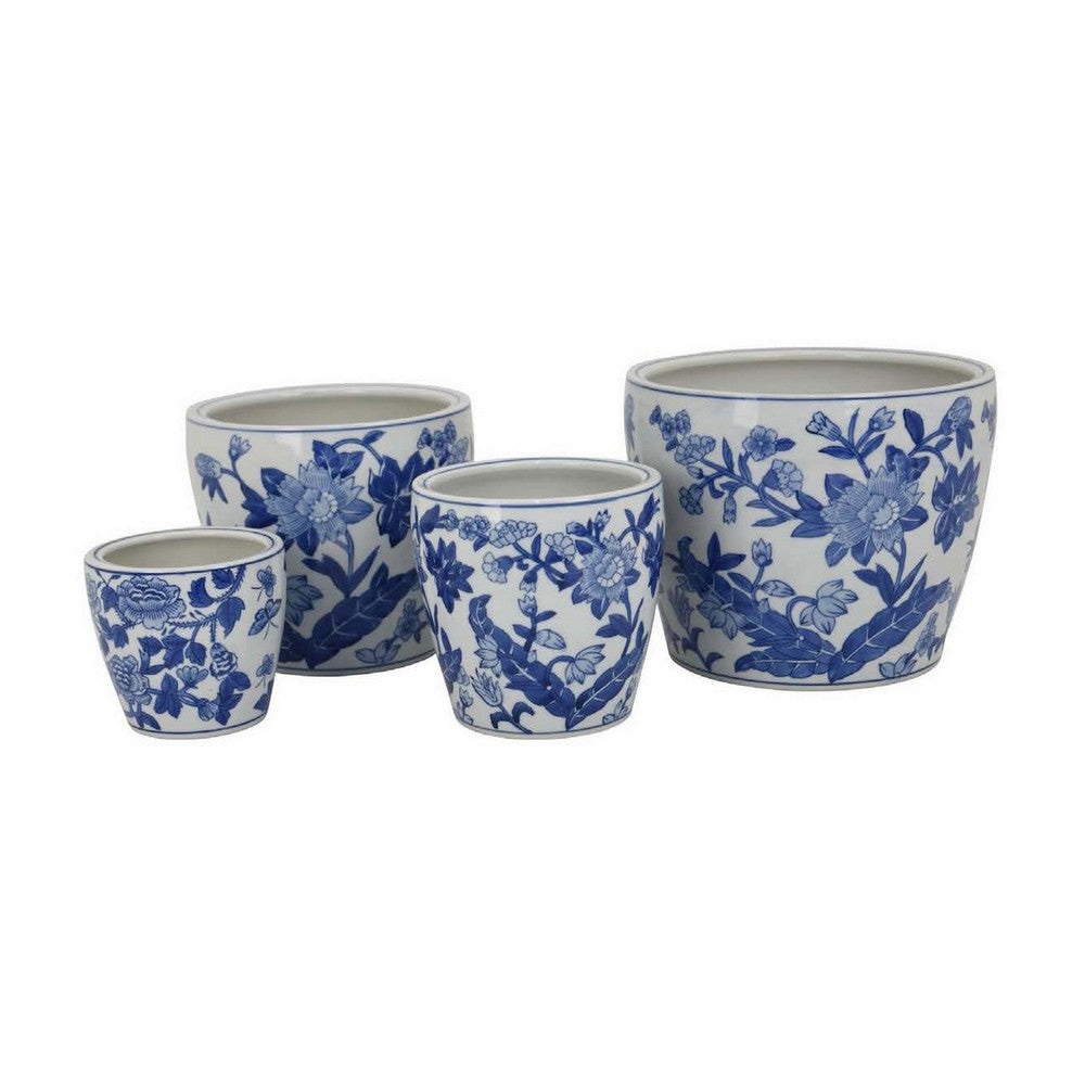 Kerry Accent Planter Pot Set of 4, Blue Floral Pottery, White Ceramic -BM330125