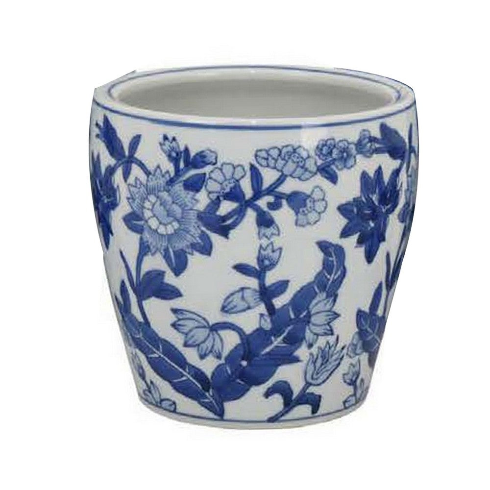Kerry Accent Planter Pot Set of 4, Blue Floral Pottery, White Ceramic -BM330125