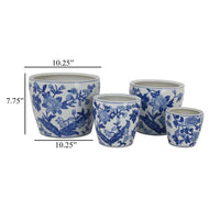 Kerry Accent Planter Pot Set of 4, Blue Floral Pottery, White Ceramic -BM330125