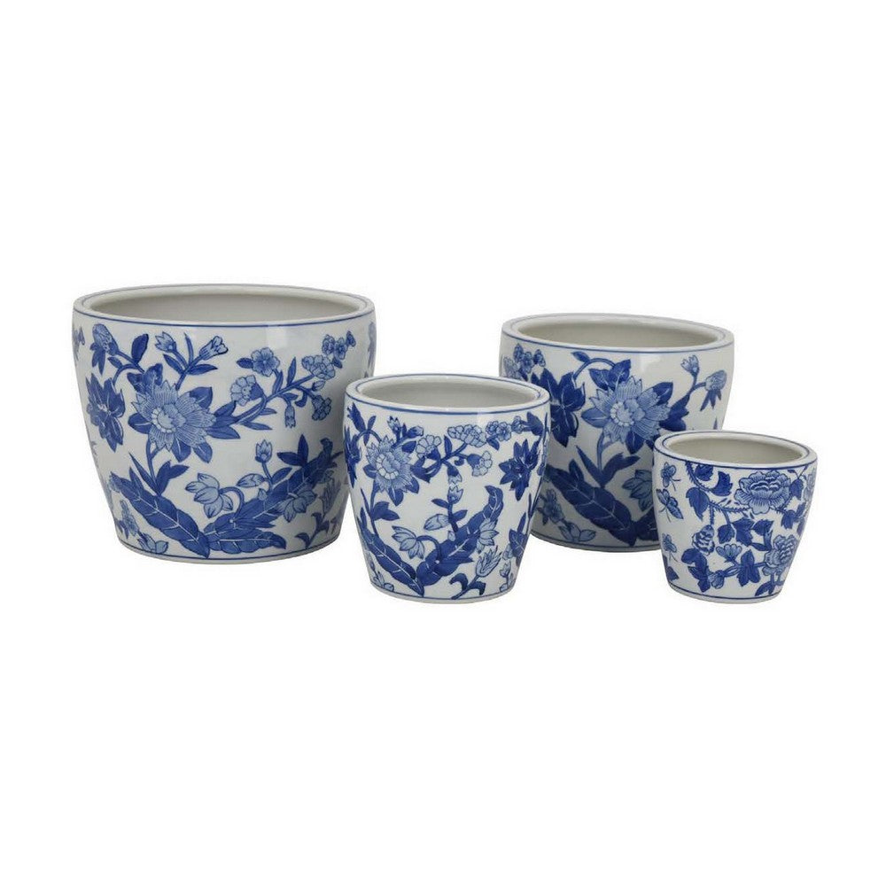 Kerry Accent Planter Pot Set of 4, Blue Floral Pottery, White Ceramic -BM330125