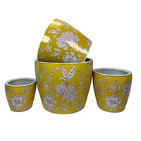 Kerry Accent Planter Pot Set of 4, Yellow Floral Pattern White Ceramic -BM330128