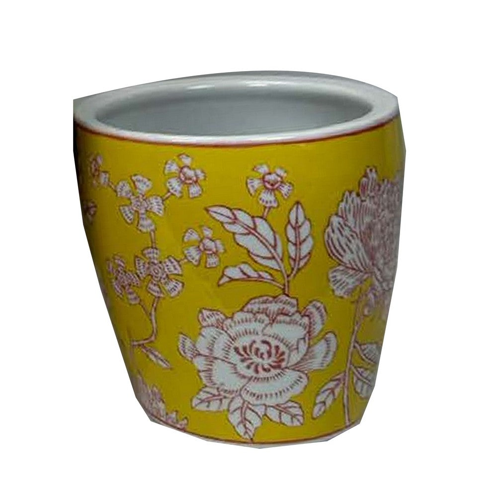 Kerry Accent Planter Pot Set of 4, Yellow Floral Pattern White Ceramic -BM330128