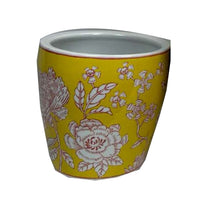 Kerry Accent Planter Pot Set of 4, Yellow Floral Pattern White Ceramic -BM330128