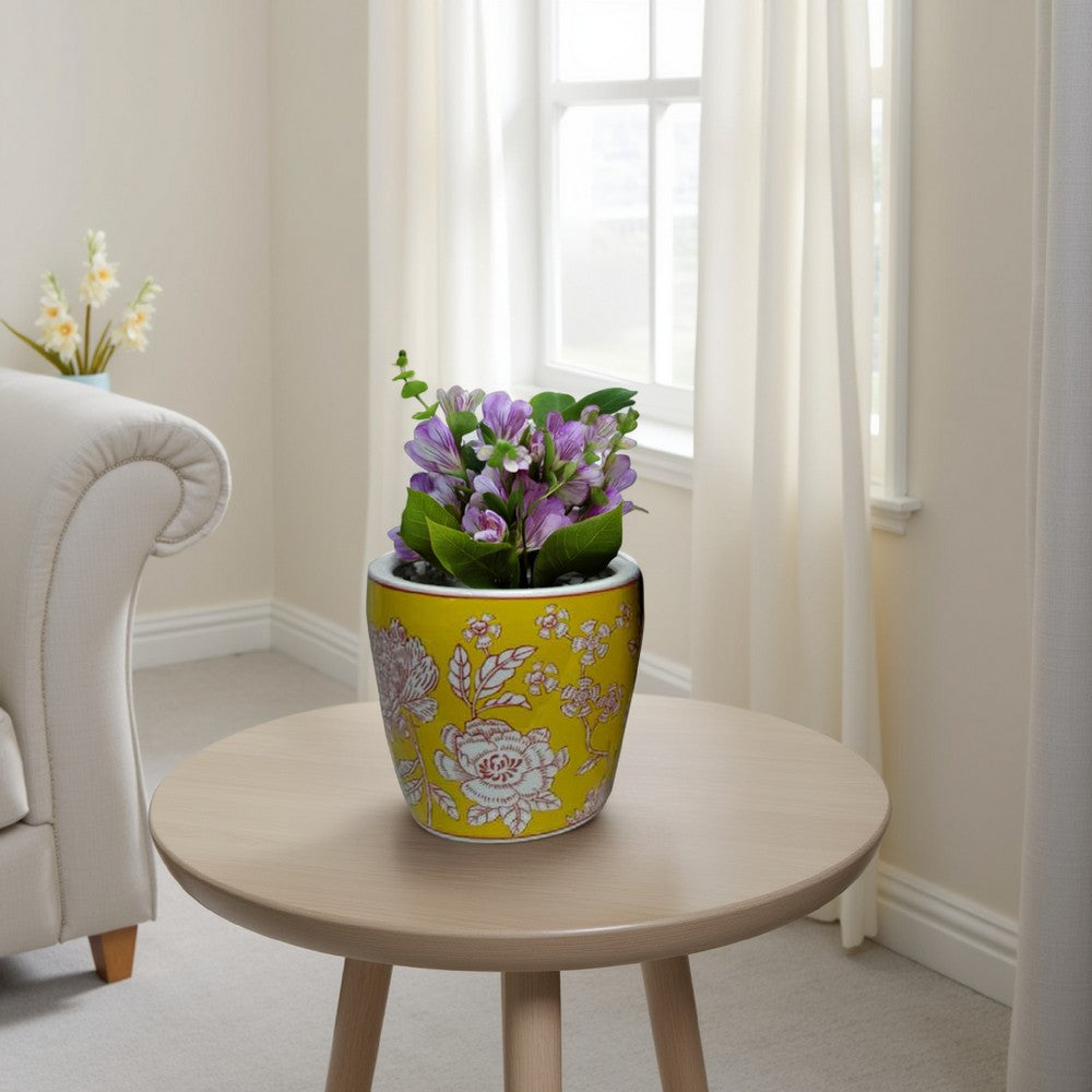 Kerry Accent Planter Pot Set of 4, Yellow Floral Pattern White Ceramic -BM330128