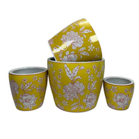 Kerry Accent Planter Pot Set of 4, Yellow Floral Pattern White Ceramic -BM330128