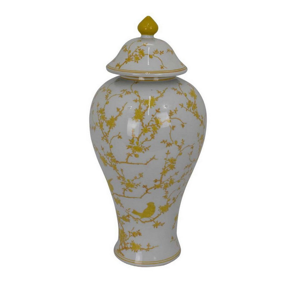 Chris Lidded Accent Jar, Yellow Bird and Floral, White Ceramic 20 Inch -BM330131