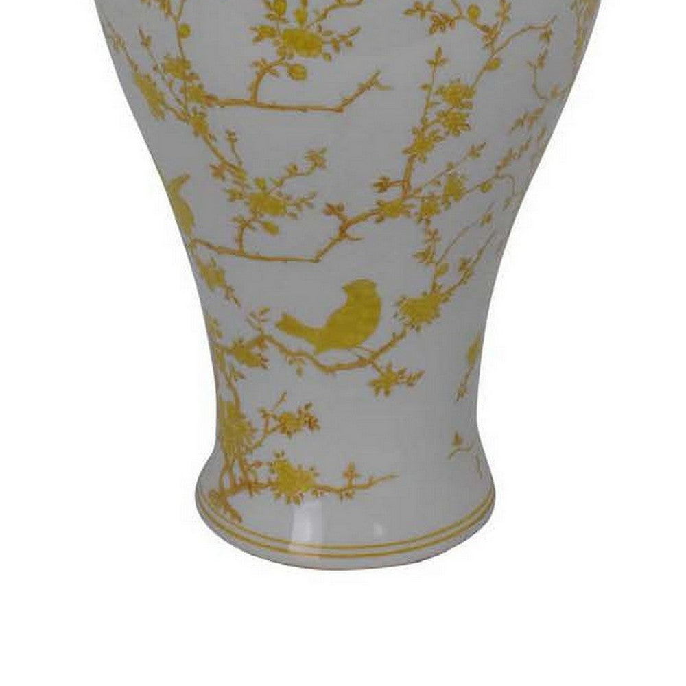 Chris Lidded Accent Jar, Yellow Bird and Floral, White Ceramic 20 Inch -BM330131