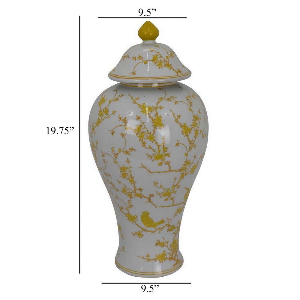 Chris Lidded Accent Jar, Yellow Bird and Floral, White Ceramic 20 Inch -BM330131