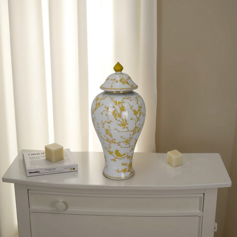 Chris Lidded Accent Jar, Yellow Bird and Floral, White Ceramic 20 Inch -BM330131