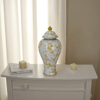 Chris Lidded Accent Jar, Yellow Bird and Floral, White Ceramic 20 Inch -BM330131