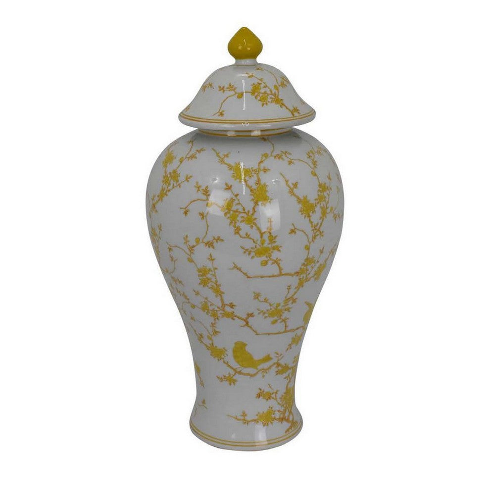 Chris Lidded Accent Jar, Yellow Bird and Floral, White Ceramic 20 Inch -BM330131