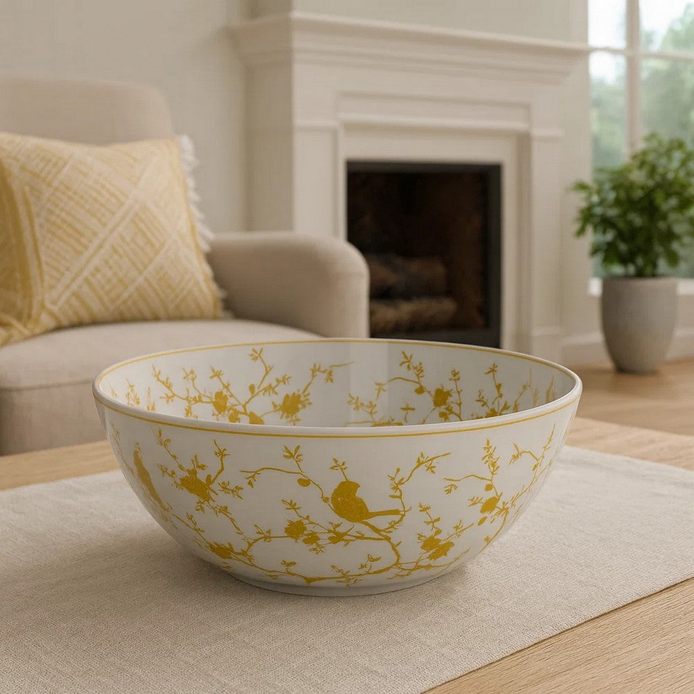 Alex Decorative Bowl, Yellow Bird Floral Motif, White Ceramic 14 Inch -BM330132