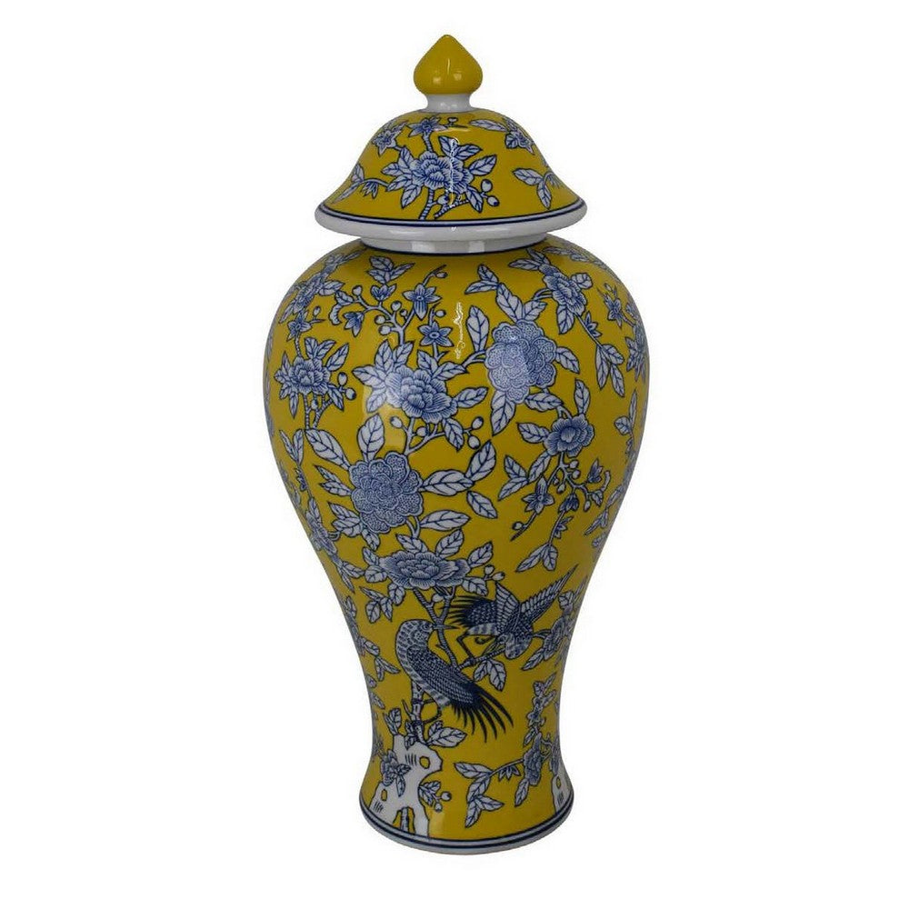 Chris Decorative Jar, Yellow Bird and Floral, Blue Ceramic 20 Inch -BM330133