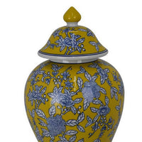 Chris Decorative Jar, Yellow Bird and Floral, Blue Ceramic 20 Inch -BM330133