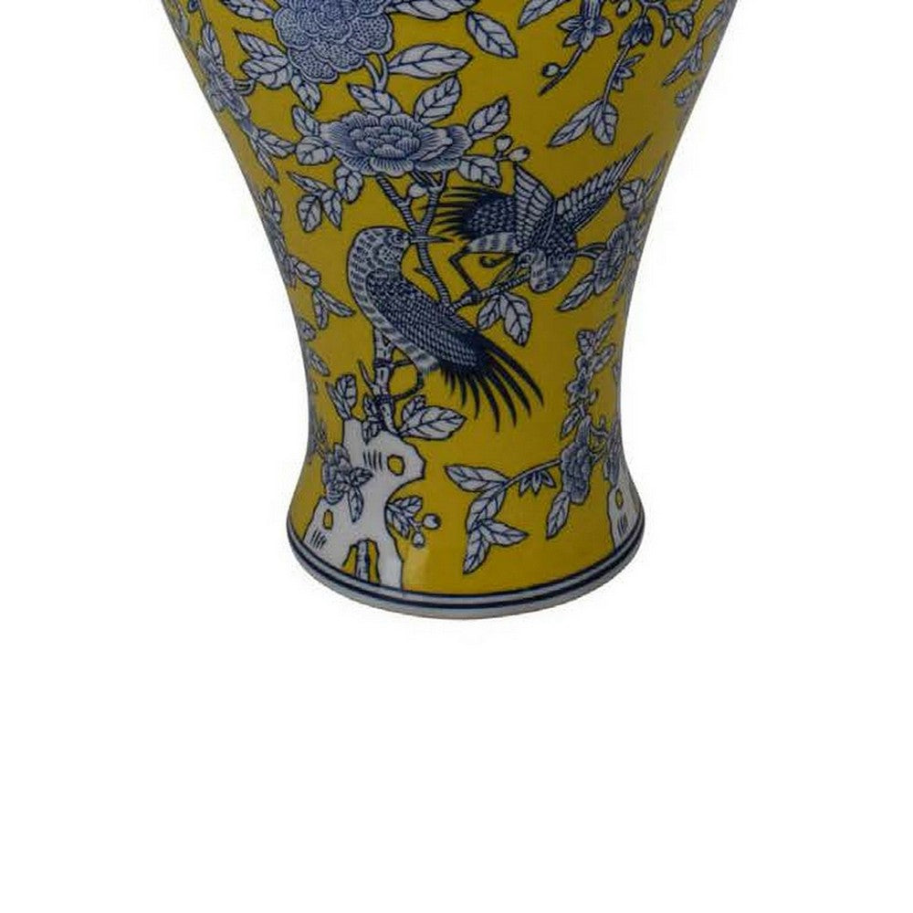 Chris Decorative Jar, Yellow Bird and Floral, Blue Ceramic 20 Inch -BM330133