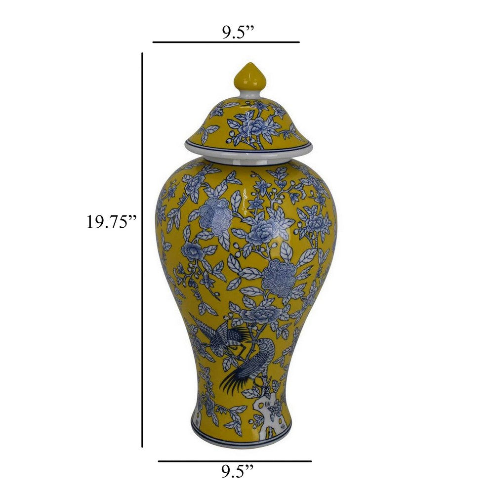 Chris Decorative Jar, Yellow Bird and Floral, Blue Ceramic 20 Inch -BM330133
